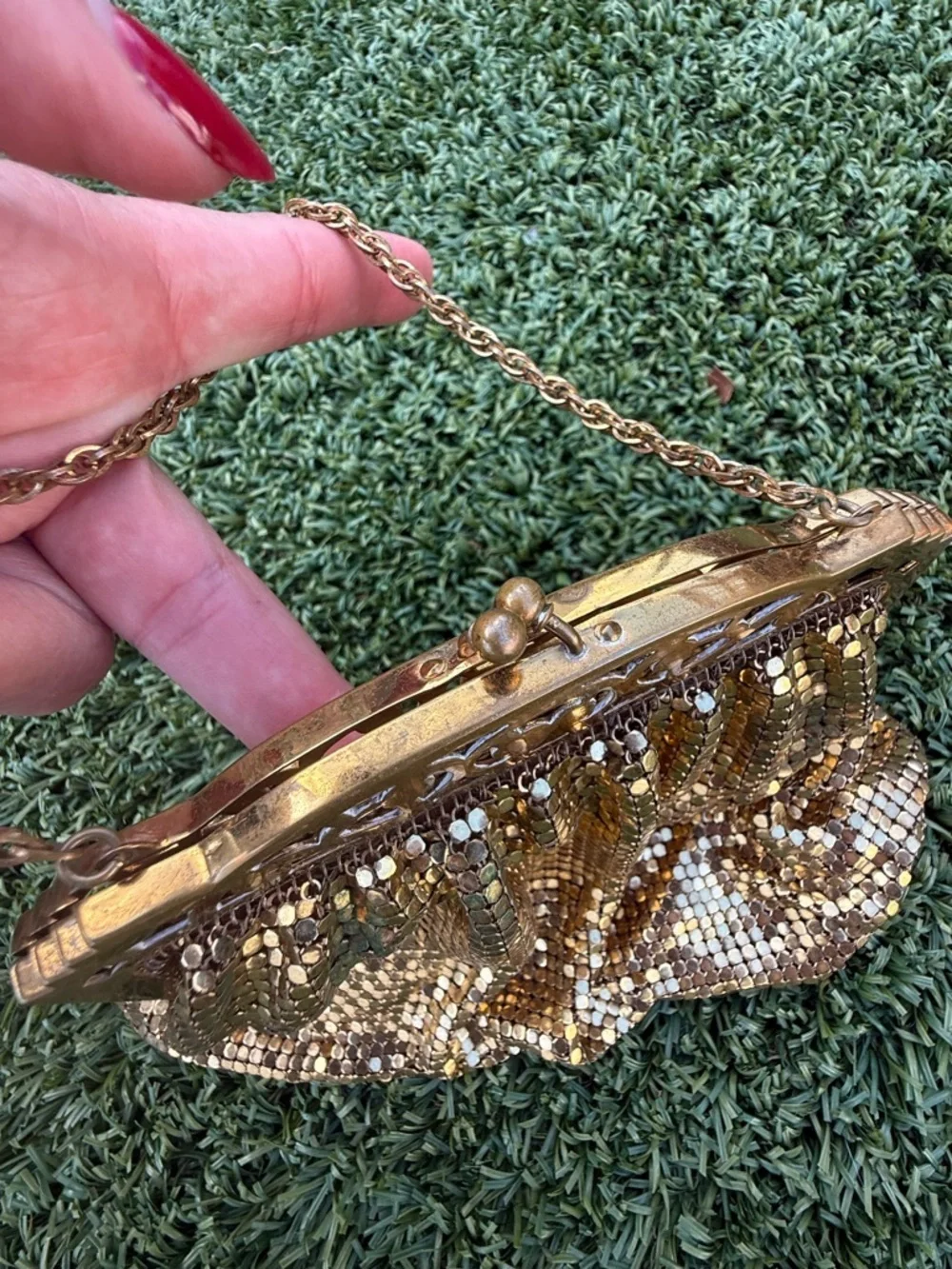 VTG 1940s Whiting Davis Gold Mesh Flapper Bag Purse Brass Pierced Frame USA NICE